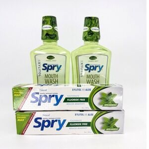 Spry Herbal Mint Mouthwash 16oz Spearmint Toothpaste Fluoride Free Bundle
